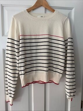 Sunday Edition Cream Striped Crewneck Sweater with Black and Red Trim